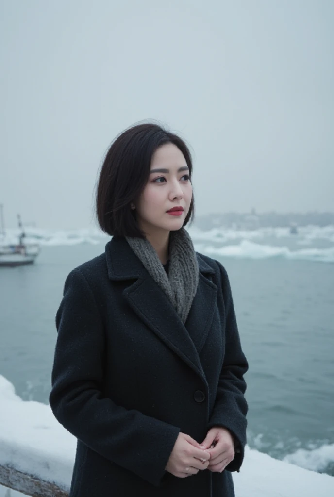 A Japanese woman, 42 years old, exuding upper-class sophistication and youthful elegance. She stands at a winter harbor, gazing out over the distant sea with a somber and anxious expression, reflecting her deep worry about whether her husband will return safely. Her hair is sleek and dark, styled gracefully to complement her refined features. Her face is marked by soft, natural lines and radiant skin. She wears a sophisticated winter coat and scarf, with her hands gently folded in front of her. The scene captures the icy waves and overcast sky, emphasizing the cold and isolation of the moment. Designed as a movie poster, this image highlights her emotional depth and timeless beauty.