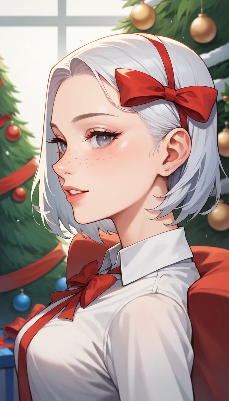 One anime girl, Korean girl 24 years old with long white hair Smooth long, medium gray eyes Pupil with long eyelashes, freckles on the cheeks and nose, light skin, Seat tied with a red decorative bow, with a set of deer, Christmas pine background and gifts.