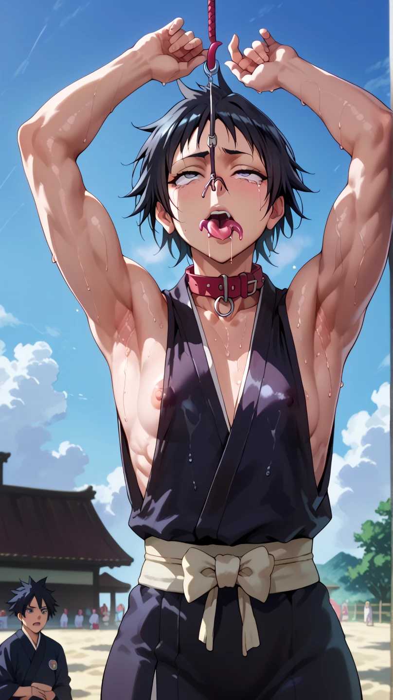 a picture, inspired by Kentaro Miura, trending on pixiv, soifon from bleach, black uniform, favorite scene, fine details, skins, sweating, small breasts, both hands raised, armpits, (small head),armpits visible, dripping with sweat, more more sweat, ((Japanese clothes)),open mouth,rolling eyes,muscle,kneel down,open legs,For the audience, (muscle:1.2),Looking at the audience, tired, (small breasts),sexy body,perfect body,(drooling), tears, head wet, runny nose, black hair, (dog collar) ,transparent nose hook, tentacle in mouth. 