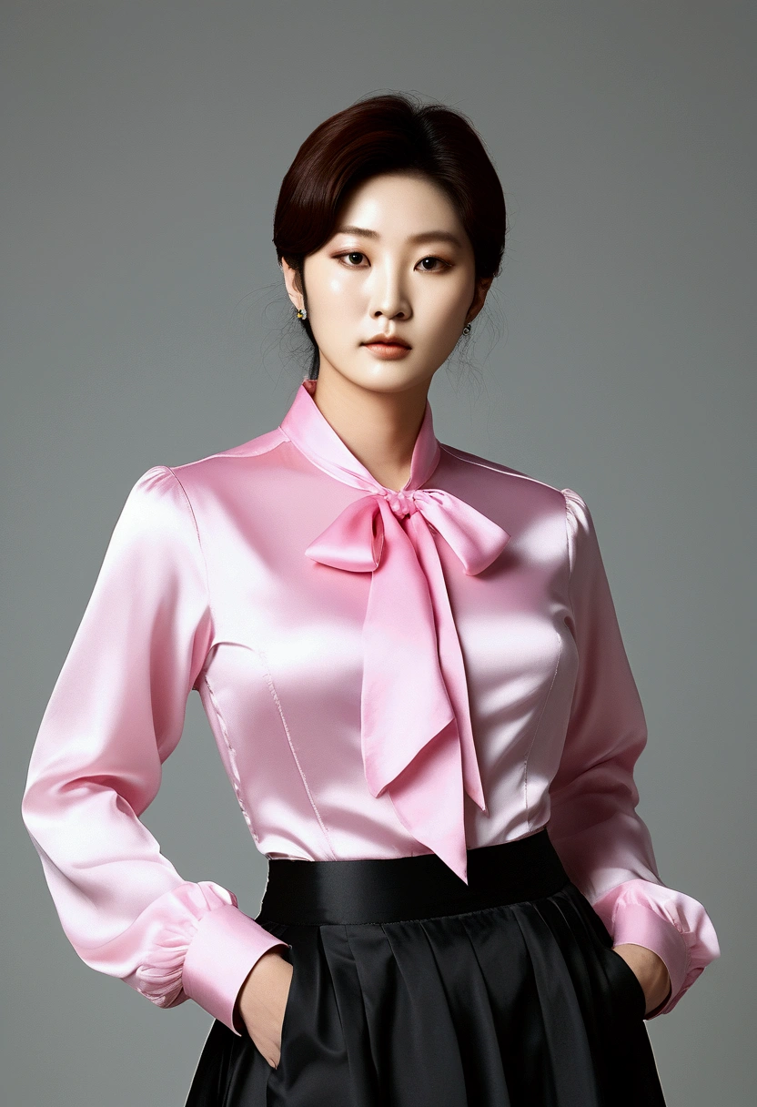 A Korean man had surgery to change his body from male to female, his body is completely female, he has big breasts like a woman, but his face is not changed and still looks like a man, His hair is still manly and short, He is wearing ladies' clothing, a long-sleeved silk blouse and high-waisted skirt, pink and black, midshot