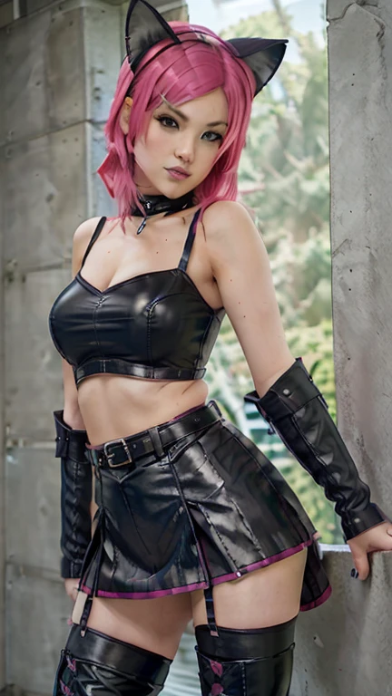  teenager with pink hair,  slim model , Leather top , pleated leather skirt, leather arm warmer  ,  knee-high leather boots, Cat ears, bouncy castle ,  kniend 