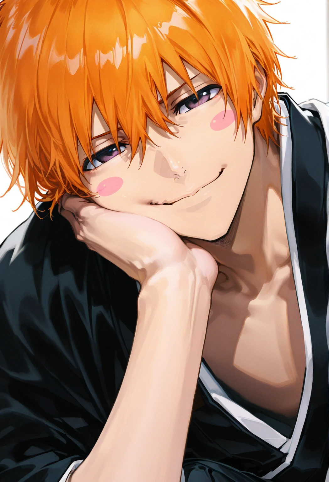  top quality , masterpiece,      748cm style     ,      viewers,  ,      upper body, smile,,      one boy ,  male focus, Ichigo Kurosaki, BLEACH、 orange hair, black hakama 、Cheek stickers

       
