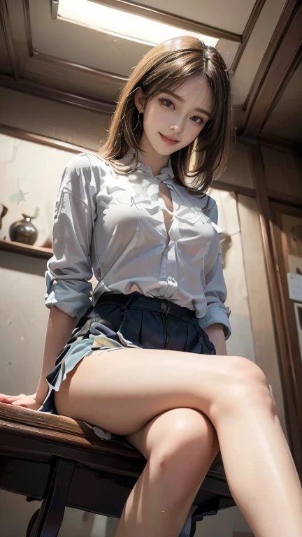 (RAW shooting:1.2)、(Photorealsitic:1.4)、(masterpiece:1.3)、(top-quality:1.4)、Japan Young Women、(kawaii:1.2)、Wearing a high school uniform、Impossibly short skirt、Very very cute face、red blush、Smiling smile、(ふしだらなYDark blue micro mini pleated skirt on shirt:1.3)、(middlebreast:1.3)、(cleavage of the breast)、(erectile nipple:1.2)、sexy pose、(skirt lift by yourself)、(Showing panties:1.3)、panties on、panties focus、(Sit up、raise leg:1.2)、(Crisp focus:1.2)、(Cute woman with perfect body shape:1.4)、The best smile、(Layered Haircut:1.2)、A slender、shinny skin、Highly detailed facial and skin texture、A detailed eye、二重まぶた、Panties visible on camera、Angle seen from below、low angles、(extemely sexy:1.3)、bokeh dof、obscenity、erotick