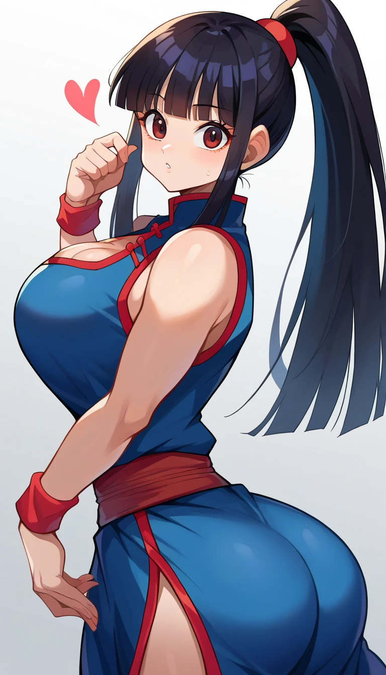 score_9, score_8_ up, score_7_ up,  Source_Anime, dragonballchichi, ,  dark eyes,  black hair,  long hair, hime cut, blunt bangs, side lock, Bare arms, blue  dress, china  dress, Chinese clothes,  dress, High collar, heart, underpants,  ponytail, red underpants, red band, red  wristband , band,  side slits,  sleeveless,  sleeveless  dress,  wristband , indoor, ,  viewers,  Dutch angle, The cowboy shot,  huge ass,  huge thighs , huge breasts, Body with big hips,  butt focus ,  cleavage,