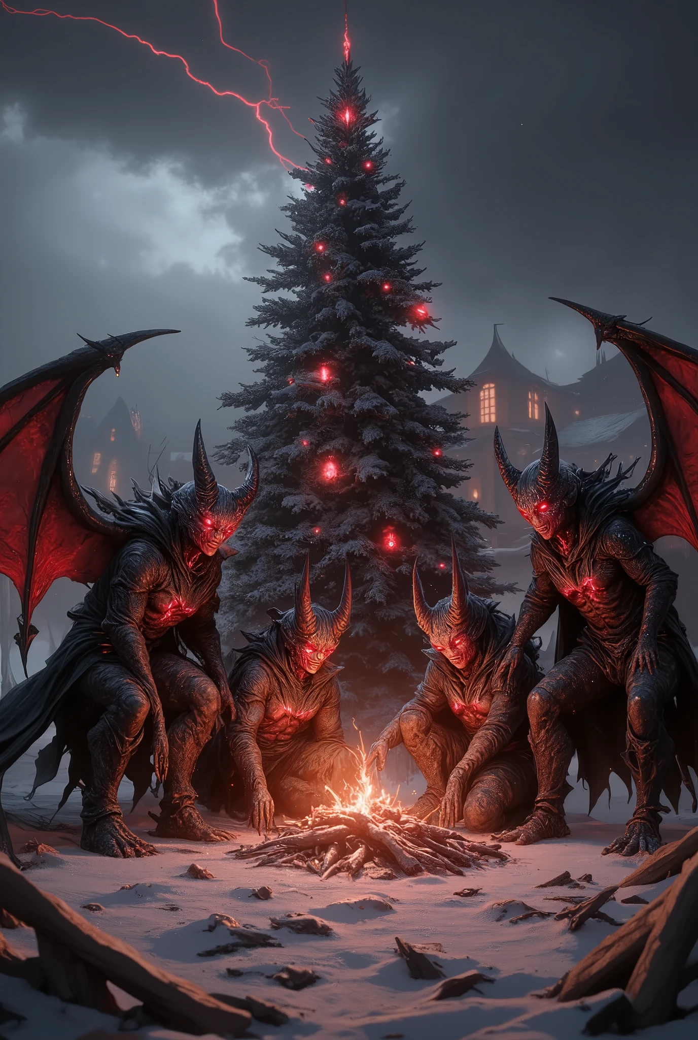 trk,ultra-realistic, photorealistic, dramatic scene, cinematic lighting, shadow, global-illumination, a group of sinister demons celebrating Christmas, (dark clouds with red lightning:1.5), a foreboding sky that dominates the background, glowing crimson eyes of the demons, (evil grins:1.3), demonic Christmas outfits with black and red tones, (intricate horns:1.2), (tattered capes:1.3), surrounding a grotesque Christmas tree made of bones and twisted metal, (decorated with glowing cursed ornaments:1.5), a dark snowy environment where the snow is mixed with ashes, a desolate town visible in the background with dimly lit windows, eerie shadows cast by a flickering fire at the base of the tree, (chaotic wind blowing:1.3), (dark magic swirling around:1.5), a malevolent yet surreal festive atmosphere.