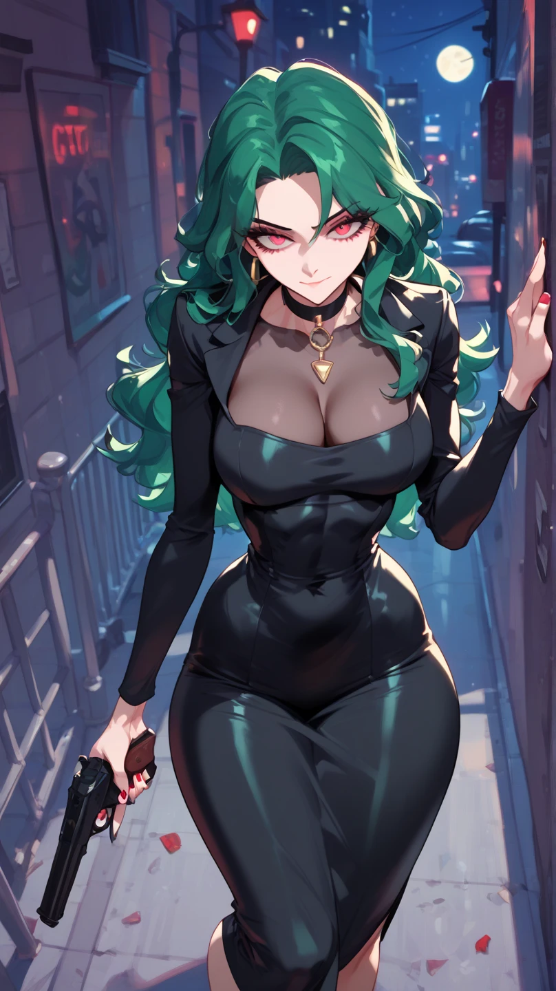 a woman with long hair, wavy dark teal green hair, pink eyes, mafia boss, black dress, night dim alley, chiling smiling, fliping her hair, holding gun, one person, looked from above, cctv angle, only one, one,