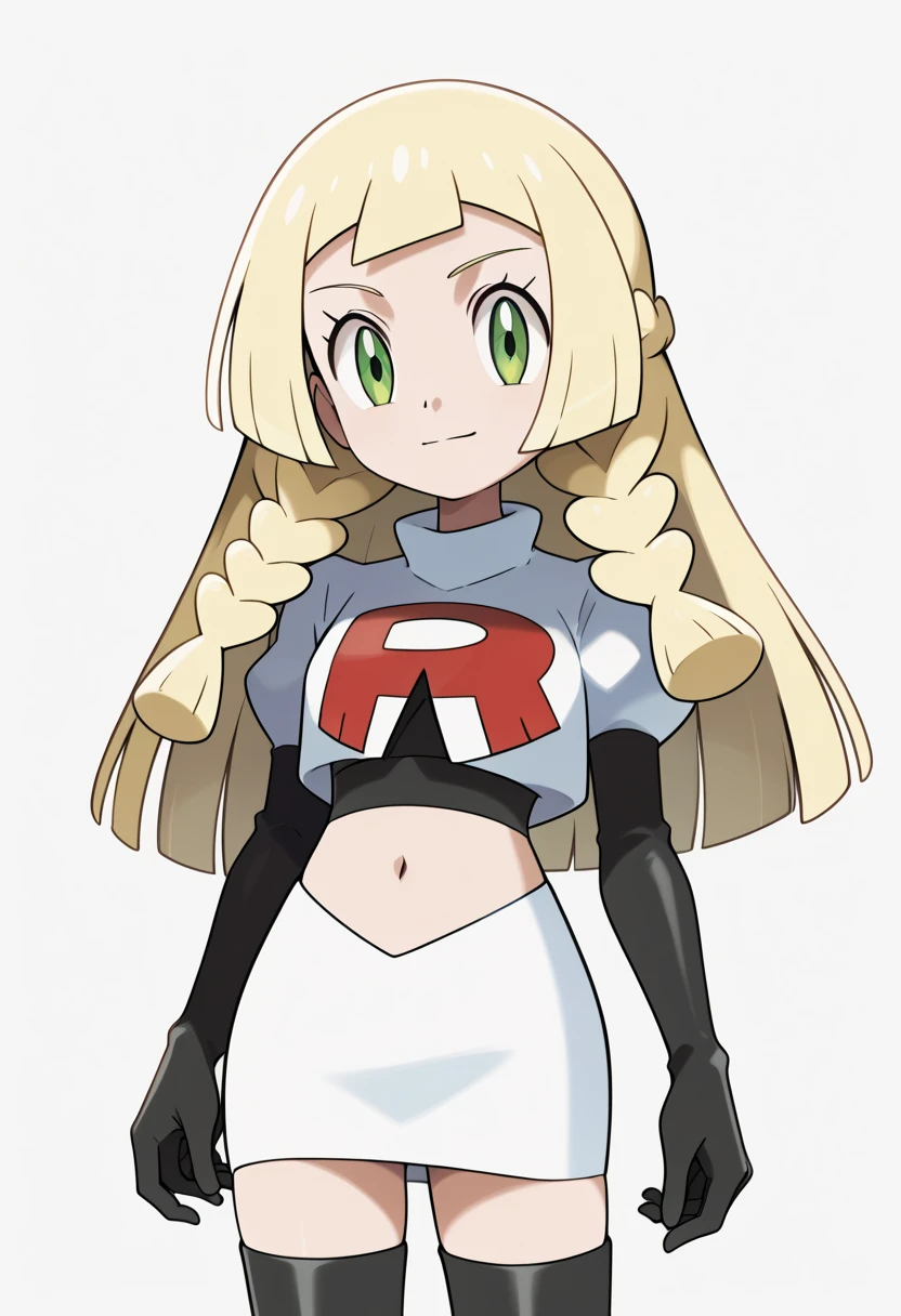 score_9, score_8_up, score_7_up, score_6_up, score_5_up, score_4_up, source_anime, aalillie, long hair, blonde hair, twin braids, green eyes, small breasts, cowboy shot,  team rocket,team rocket uniform,white skirt,red letter R,crop top,black thigh-highs,black elbow gloves, cowboy shot,