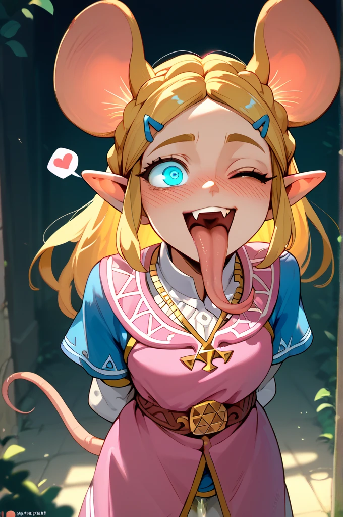 open mouth, (one eye closed), smile, blush,mouse ears, crazy eyes: 1.2, long tongue, fang, glowing eyes,kawaii, heart spoken,arms behind back,middle chests,princess Zelda,peeing,