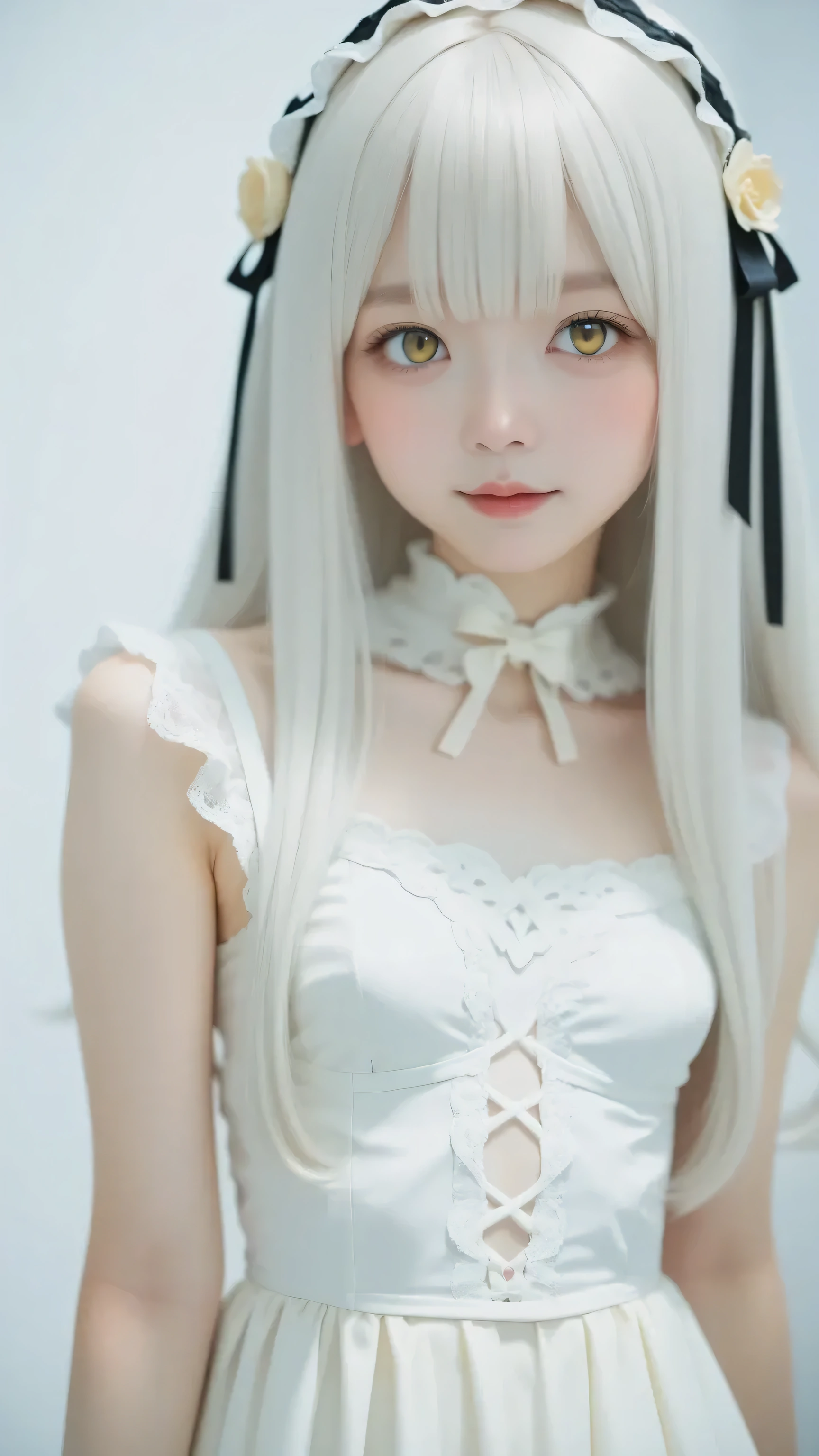 gothic lolita cosplay, cute girl,masterpiece, ((  long hair )),  long white hair ,  very long straight hair, Short bangs, アルビノの white skin, Pale yellow eyes , Narrow shoulders, Moderate breasts,  white skin, skinny