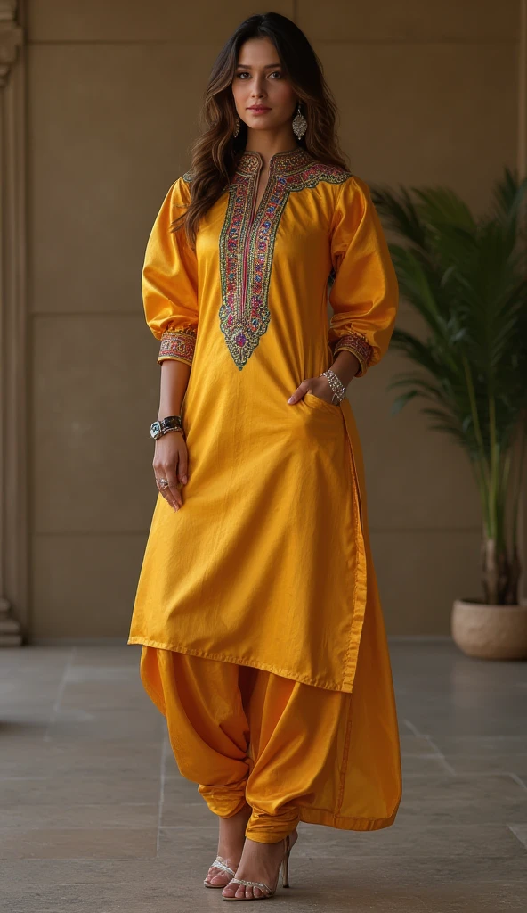 a tall and striking woman with golden-brown wavy hair, exuding confidence and charm. Her flirtatious expression enhances her captivating allure. She is dressed in a stunning Punjabi-style slim-fit outfit made of golden shiny pure soft satin fabric, with intricate multicolor handwork adorning the yoke of her high-neck kurti. The kurti features exaggerated puffy shoulders, adding dramatic flair, while the slim-fit 3/4 sleeves contribute an elegant touch. She pairs the kurti with a flowing dhoti-style shalwar, enhancing the overall sophistication of the look. Her high heels elevate her poised and graceful stance. The combination of these elements creates a look that is both sophisticated and bold, radiating an alluring energy.