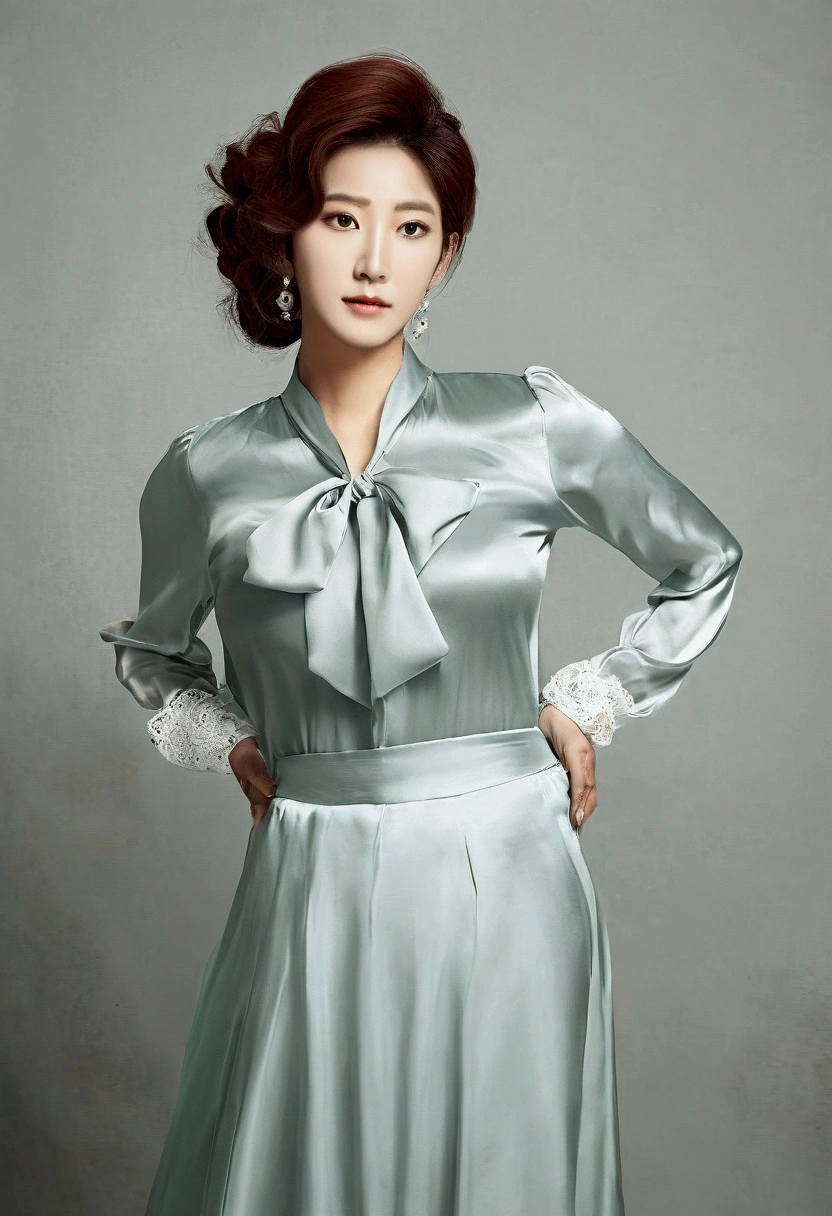 A Korean man had surgery to change his body from male to female, his body is completely female, he has big breasts like a woman, but his face is not changed and still looks like a man, His hair is still manly and short, He is wearing ladies' clothing, a long-sleeved silk blouse and high-waisted mermaid skirt, White blouse and gray skirt