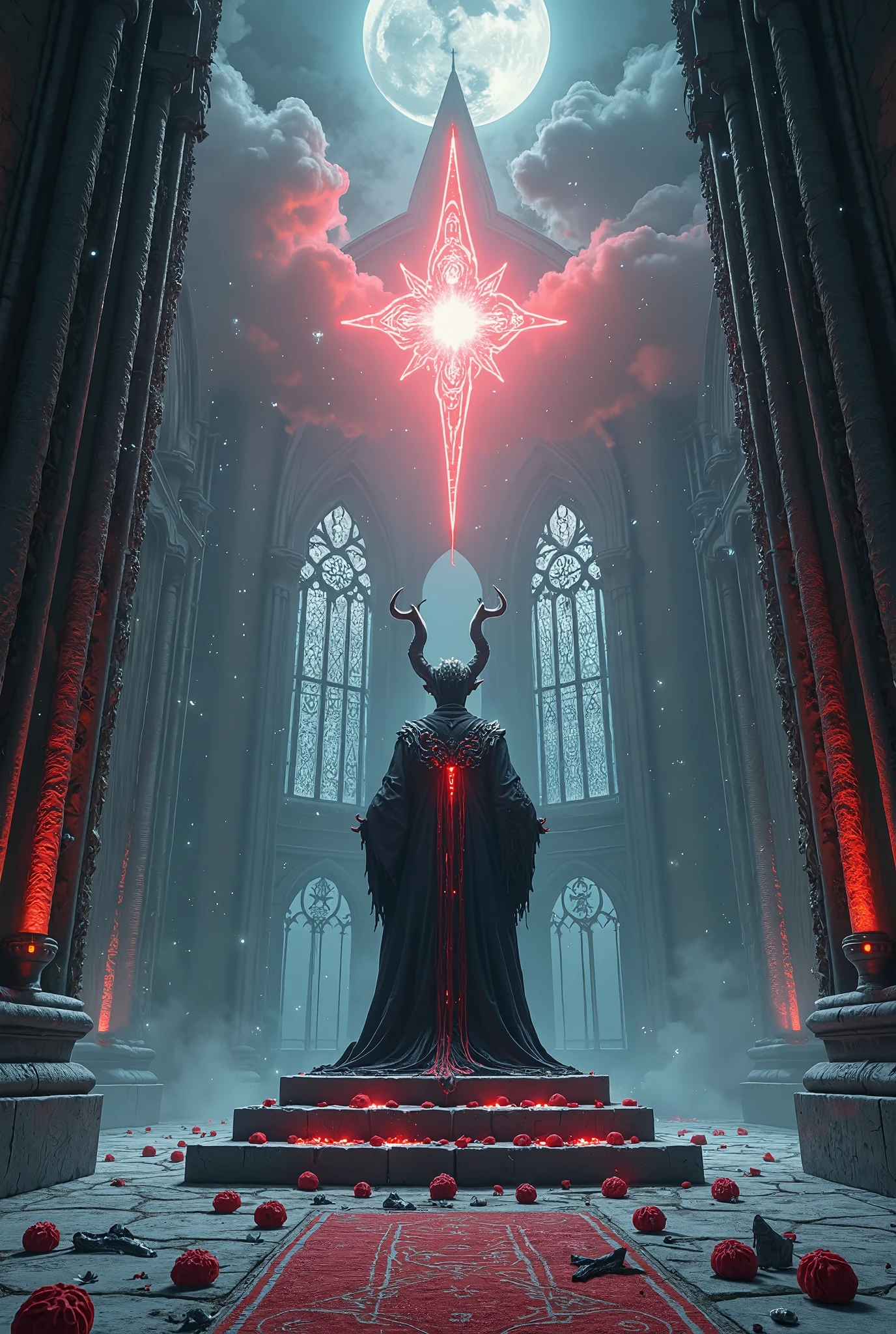 ultra-realistic, photorealistic, dramatic scene, shadow, global-illumination,trk, a solitary demon performing a dark Christmas ritual,d34thd3m0n, (a towering gothic cathedral:1.5), its windows shattered and glowing with an unholy red light, the demon standing on an ancient stone altar, (dressed in an elaborate black and crimson robe:1.4), (long curling horns adorned with icy chains:1.3), (red glowing runes:1.2) carved into the altar and surrounding stones, (a massive crimson star floating above:1.5), dark swirling clouds in the background illuminated by faint flashes of lightning, (snow falling gently but turning into ash before it touches the ground:1.5), scattered remnants of desecrated holiday decorations, an eerie and solemn atmosphere enhanced by the distant sound of ominous chanting, (a crescent moon partially obscured by clouds:1.2), faint outlines of specter-like figures watching from the shadows, an overwhelming sense of dread and dark festivity.