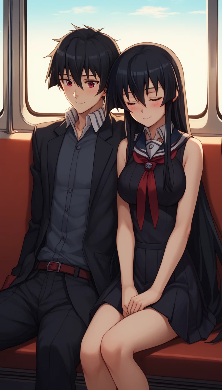 leaning on person side-by-side, sitting, hetero, sleeping, couple, train interior, leaning on person,1girl, akame, long hair, black hair, red eyes, hair between eyes, wearing a navy blue sailor uniform with a red ribbon, smile, blush, closed eyes