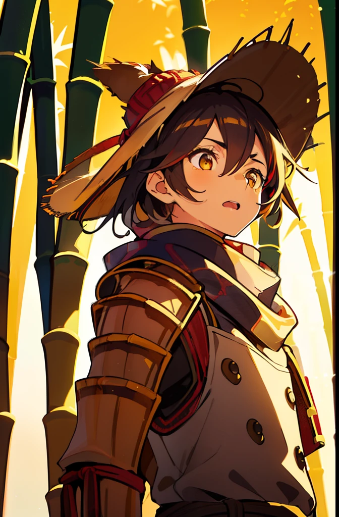 (best quality,highres), young boy, short spiky black hair, copper colored eyes, yellow scarf, (Bamboo hat: 1.3), scarf covering neck, samurai armor, innocent expression, playful, whimsical, vibrant colors, detailed facial features, shiny hair, realistic rendering, soft lighting, 