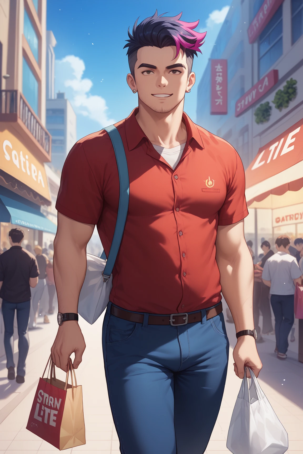 A vibrant and bustling city scene on a Sunday, featuring a 30-year-old man named Ryosuke Sakurai holding a shopping bag. The background is filled with colorful and dynamic elements to convey the lively atmosphere of the city. Ryosuke is depicted with a focused expression, his posture suggesting movement through the crowd. The use of light and shadow highlights his presence, making him stand out amidst the urban hustle. The composition captures the essence of a busy city life, setting the stage for the unfolding story.