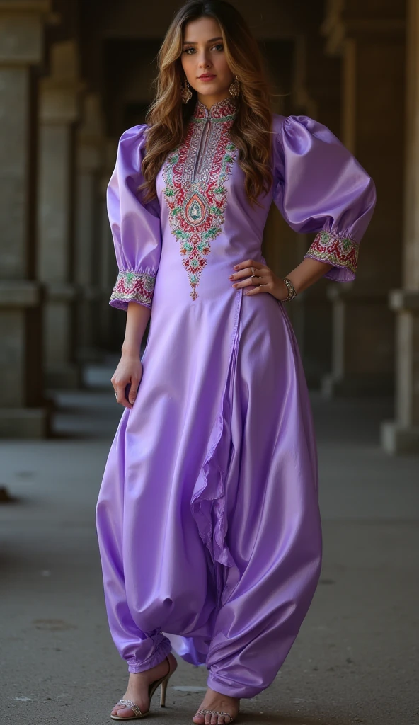 a tall and striking woman with golden-brown wavy hair, exuding confidence and charm. Her flirtatious expression enhances her captivating allure. She is dressed in a stunning Punjabi-style slim-fit outfit made of light purple shiny pure soft satin fabric, with intricate multicolor handwork adorning the yoke of her high-neck kurti. The kurti features exaggerated puffy shoulders, adding dramatic flair, while the slim-fit 3/4 sleeves contribute an elegant touch. She pairs the kurti with a flowing dhoti-style shalwar, enhancing the overall sophistication of the look. Her high heels elevate her poised and graceful stance. The combination of these elements creates a look that is both sophisticated and bold, radiating an alluring energy.