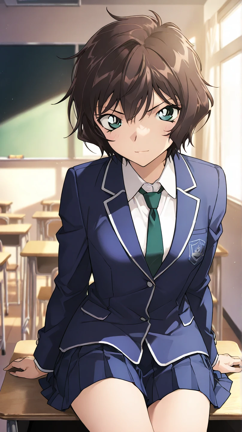  High Quality , 最 High Quality , masterpiece,  high res, detailed face , anatomically correct ,  Detailed hairstyles (pony:Evening Masumi)
Brown Hair,  green eyes,  short hair,  jacket,  skirt,  shirt,  Long Sleeve ,  school uniform,  jacket, white  shirt, pleated  skirt,  ties, collared  shirt, mini skirt, blue  skirt,  blazer, blue  jacket, green  ties, 
classroom, One girl , solo,  sit on a desk 