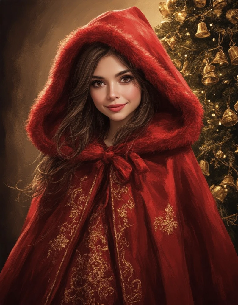 Beautiful girl in holiday classic furry red Christmas hooded cloak, golden bells hanging from a Christmas tree, beautiful detailed face, beautiful detailed lips, extremely detailed hair, , long eyelashes, intricate embroidered patterns on the cloak, glowing golden accents, moody atmosphere, warm lighting, Christmas setting fantasy art, rich colors, vibrant painting. db4rz