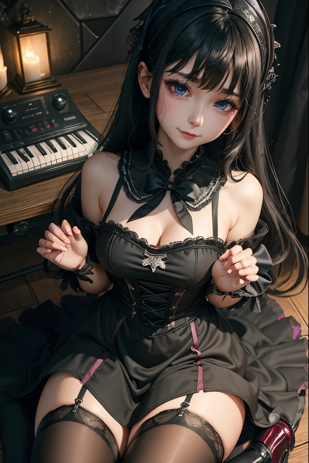 very cute and beautiful girl,(very detailed美しい顔と目:1.2), (smile),blush,black hair,looking at the viewer,Floral blue Lolita dress with detailed ruffles,detailed lace, sitting,turn your arms behind your back,spread your legs,(white panties), altar,church,indoors,detailed background, (highest quality,masterpiece:1.2),intricate details,very detailed,High resolution, alone,cinematic lighting,dynamic angle,super detailed,