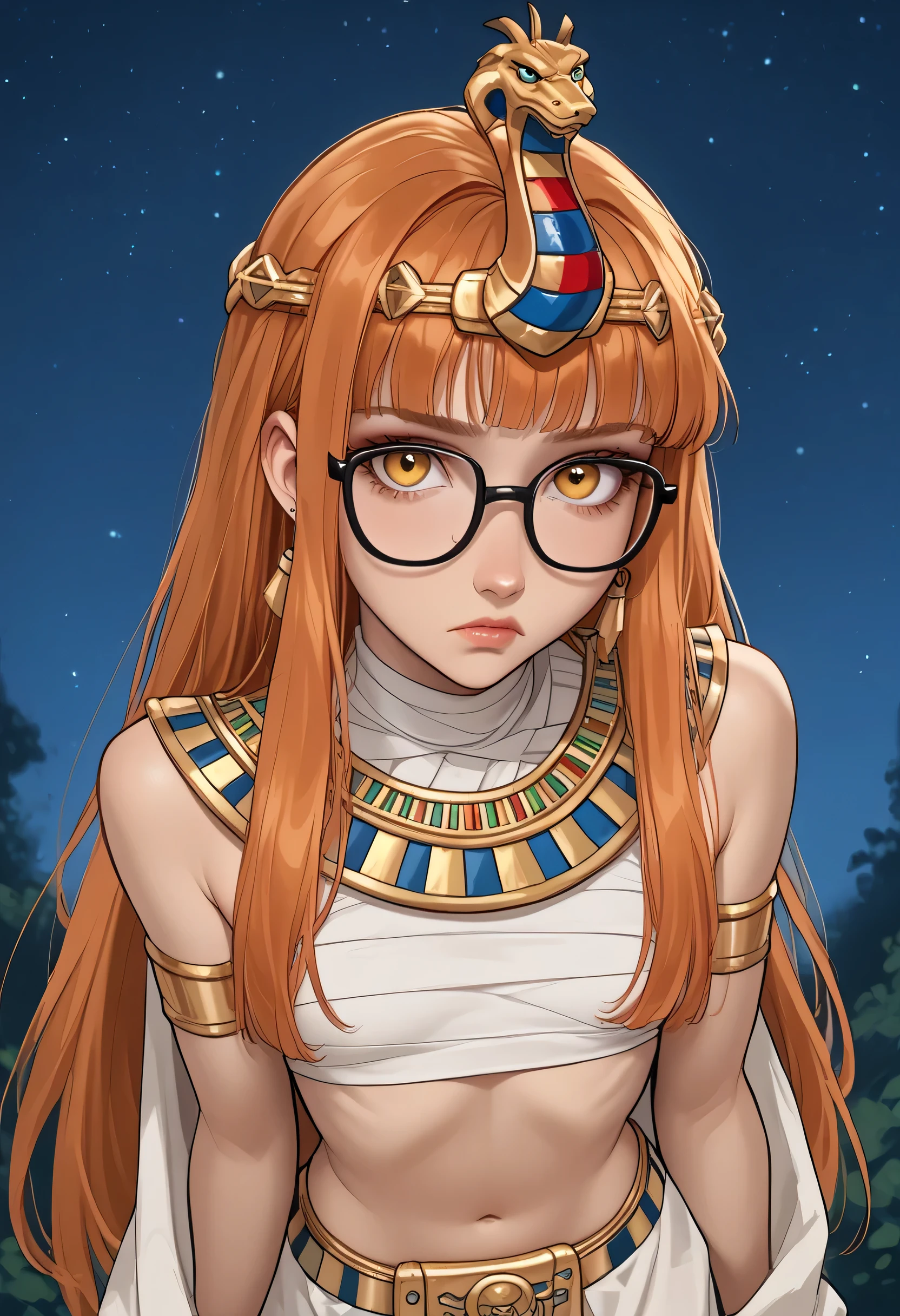 1girl, sad expression, earrings, (small breast, petite body:1.4), futabashadow, orange hair, long hair, blunt bangs, (glasses), ahoge, (yellow eyes), head dress, bandaged chest, jewelry, egyptian clothes, usekh collar, long skirt, navel, midriff, looking at viewer, portrait. (NIGHT:1.4). score_9, score_8_up, score_7_up. Disney Style. ((jack-o'_challenge))