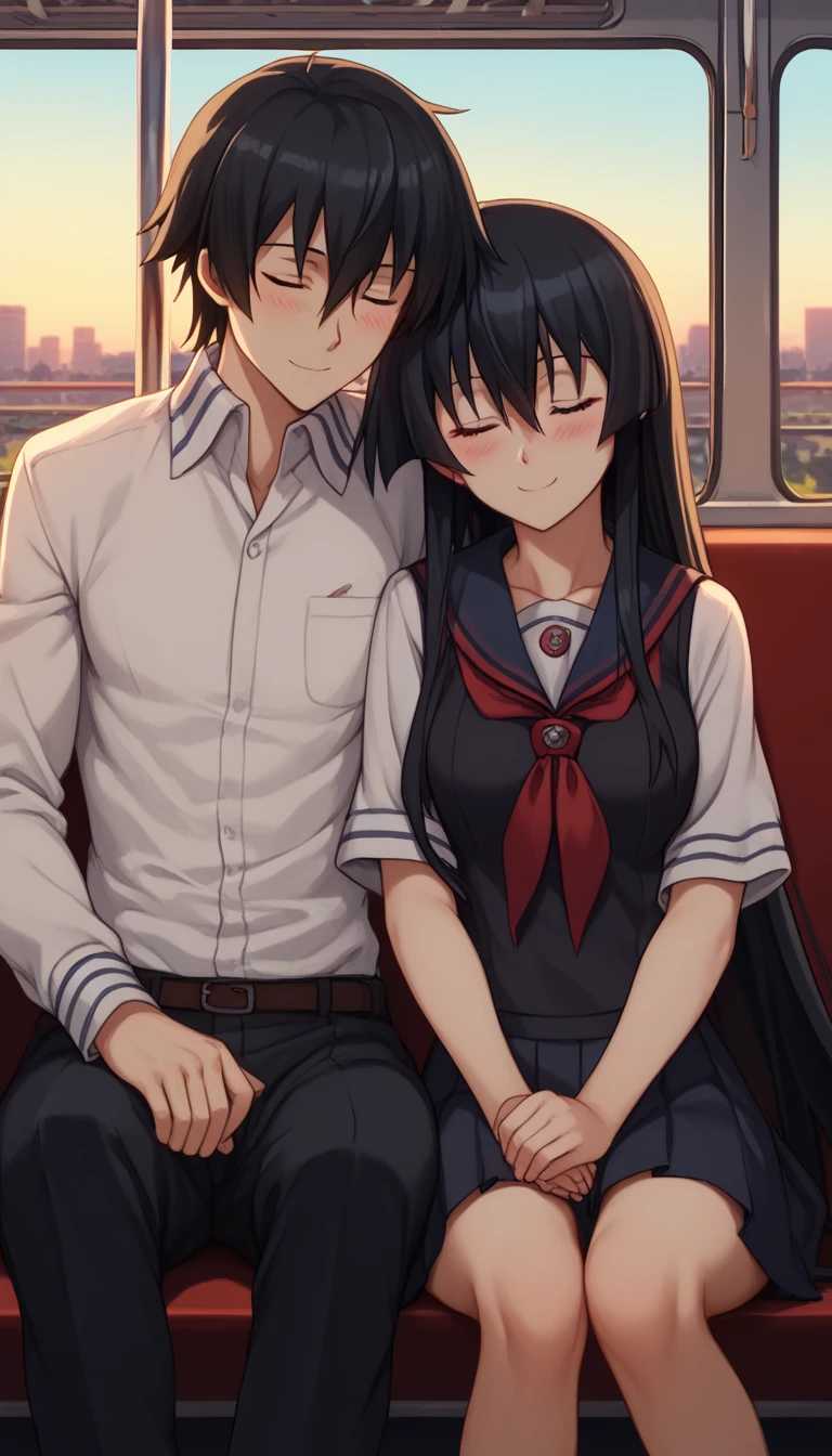 leaning on person side-by-side, sitting, hetero, sleeping, couple, train interior, leaning on person,1girl, akame, long hair, black hair, red eyes, hair between eyes,school uniform, wearing a navy blue sailor uniform with a red ribbon, smile, blush, closed eyes