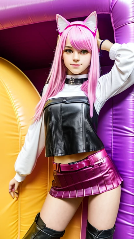  teenager with pink hair,  slim model , Leather top , pleated leather skirt, leather arm warmer  ,  knee-high leather boots, Cat ears, bouncy castle ,  kniend 