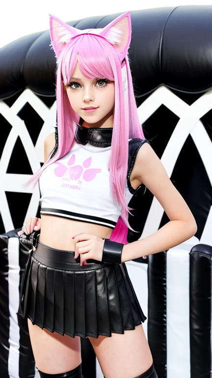  teenager with pink hair,  slim model , Leather top , pleated leather skirt, leather arm warmer  ,  knee-high leather boots, Cat ears, bouncy castle ,  kniend 