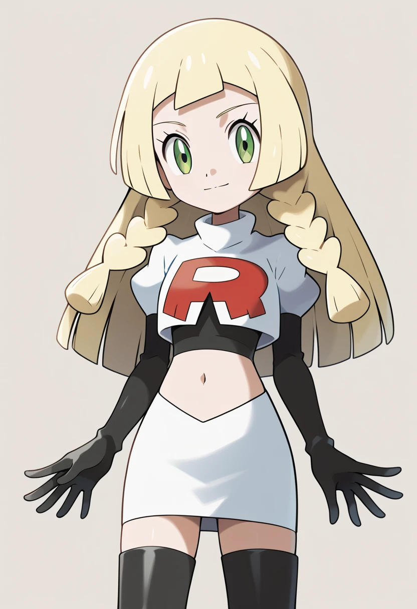 score_9, score_8_up, score_7_up, score_6_up, score_5_up, score_4_up, source_anime, aalillie, long hair, blonde hair, twin braids, green eyes, small breasts, cowboy shot,  team rocket,team rocket uniform,white skirt,red letter R,crop top,black thigh-highs,black elbow gloves, cowboy shot,