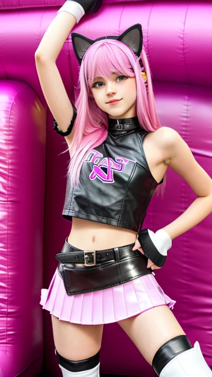  teenager with pink hair,  slim model , Leather top , pleated leather skirt, leather arm warmer  ,  knee-high leather boots, Cat ears, bouncy castle ,  kniend 