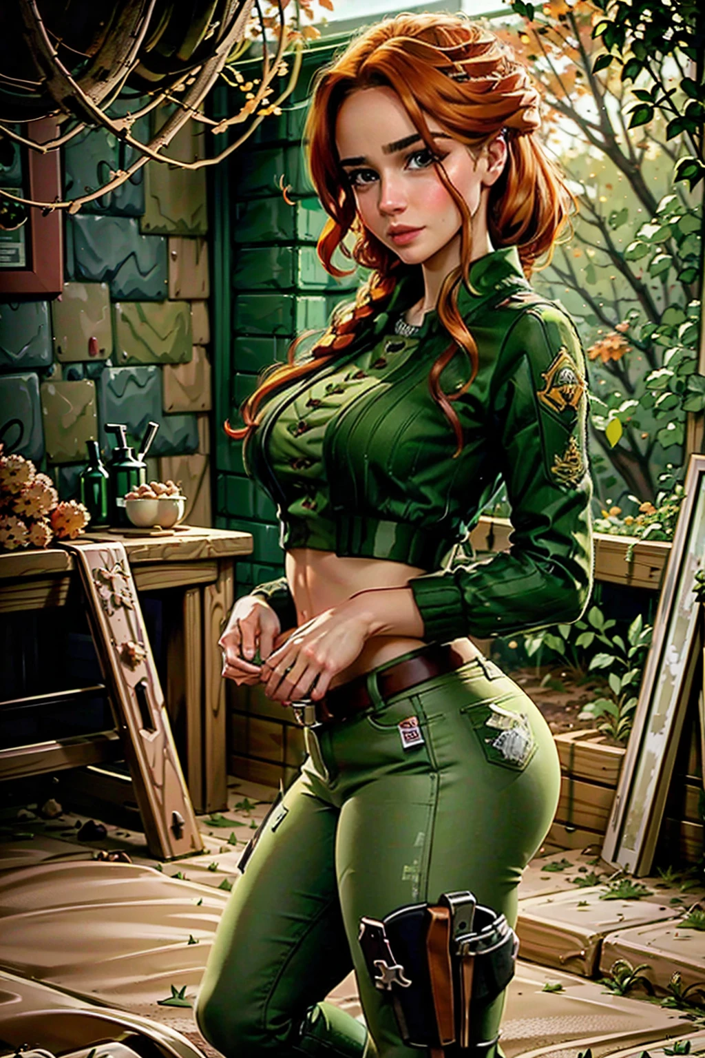  redhead, long hair, beautiful green eyes, sexy , (warm white sweater), camouflage pants, army boots, , Cozy autumn atmosphere, , the forest, autumn , Masterpiece, Accurate, Anatomically Correct, Best Quality, Large breasts, thin waist, big hips, round butt, Multiple Views, 1girl, white sweater, full length sweater, standing, 