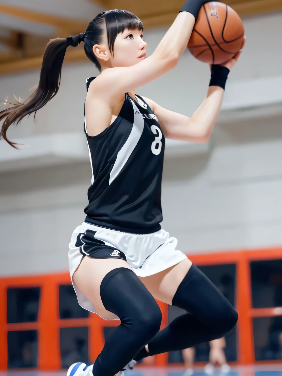 A young female basketball player executing a dynamic jump shot with precision and grace. The basketball is held firmly in both hands as she aims for the hoop, her form exuding confidence and mastery. Her slim-fit basketball uniform highlights her athletic build, while black high socks and matching sneakers provide a sleek and modern look. Her neatly braided black hair arcs through the air as she leaps, with her intense black eyes fixed firmly on the goal. The polished wooden floor of the brightly lit gymnasium reflects the action, emphasizing the energy, elegance, and competitive spirit of the moment. 20-year-old woman. 
