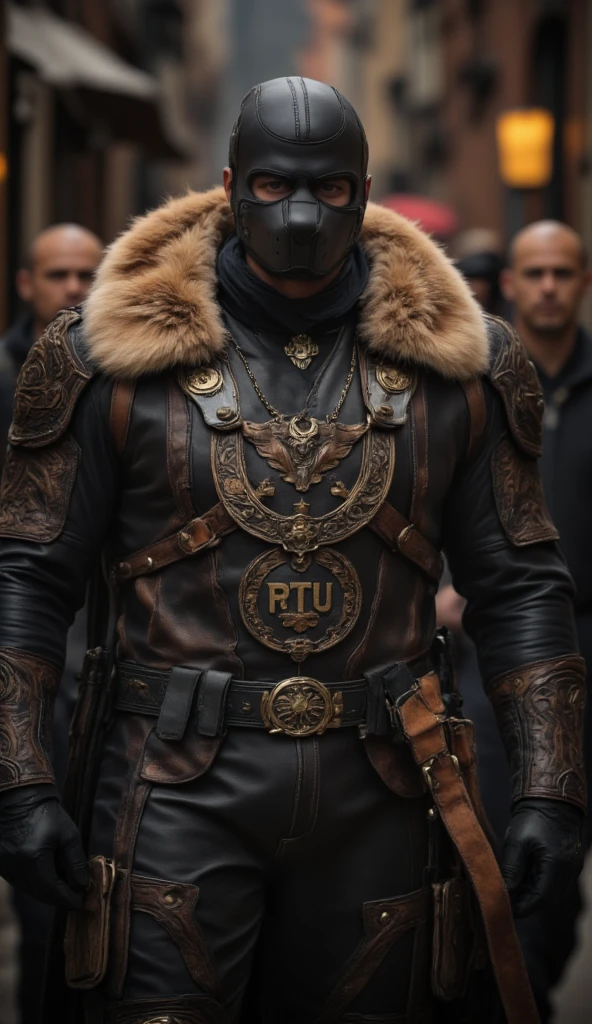 一個肌肉發達的成年男性的Full body image。Men's Clothing Tactical Equipment Police Tactical Unit，PTU 黑色皮革Full body image、 mask and mask . Wearing a fur coat ， Leggings Leather suitable for covering the whole body 。  smooth leather 。   Dark Atmosphere 。 Low Light。  Faint light casts dramatic shadows 。  Strange otherworldly atmosphere 。  Another world city 。 Full body image。。 full-body photo 。 fantasy