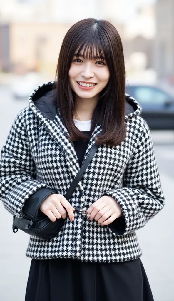 Nagahama_black, this image is a portrait of a young woman with dark hair and shoulder-length bangs. She has a broad smile and is looking straight into the camera. Skirt, The woman is wearing a black and white checked coat with a hood and a black bag slung over her shoulder. The background is blurred but appears to be an urban area with buildings and trees. The lighting is soft and natural, creating a bokeh effect. The overall mood of the image is happy and relaxed, (full body:1.2), ((upskirt, panties:1.2)), and a black skirt.