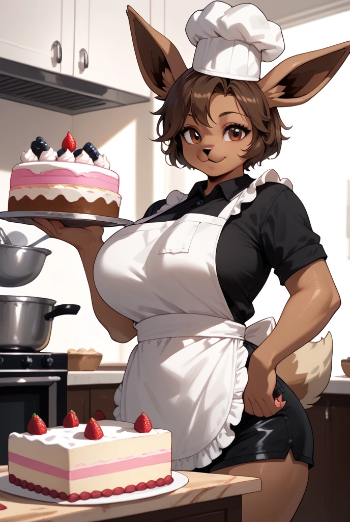 Anthropomorphic Eevee, white apron, black shirt, black shorts, chef hat, baking a cake, 1 girl, big breasts, brown fur, curvy body