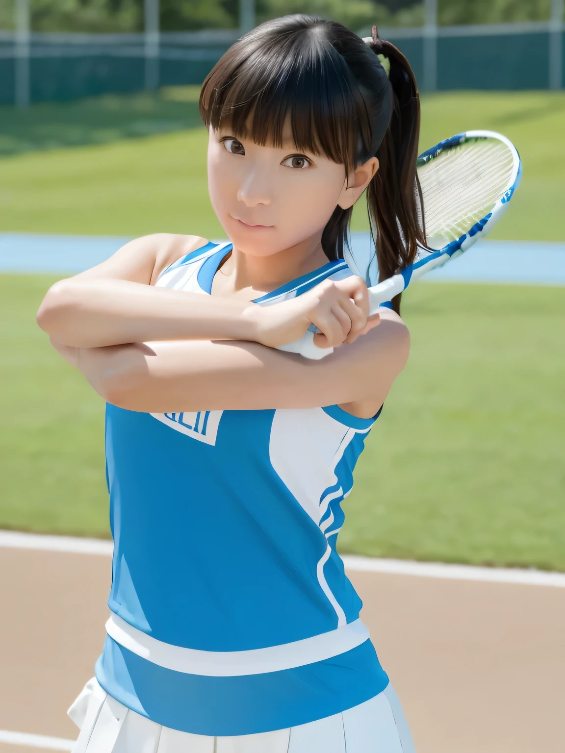 A young female tennis player dressed in a sleek blue tennis outfit stands ready, with her white undergarments visible. gripping her tennis racket with both hands in a poised and focused stance. The sunlight highlights the crisp lines of her attire and the polished strings of the racket. Her determined gaze locks onto an unseen opponent, exuding confidence and anticipation. The lush green grass of the tennis court extends into the distance, framed by a clear blue sky. This dynamic scene captures the perfect blend of elegance, power, and athletic prowess, showcasing her readiness to strike with precision and grace. 20-year-old woman.