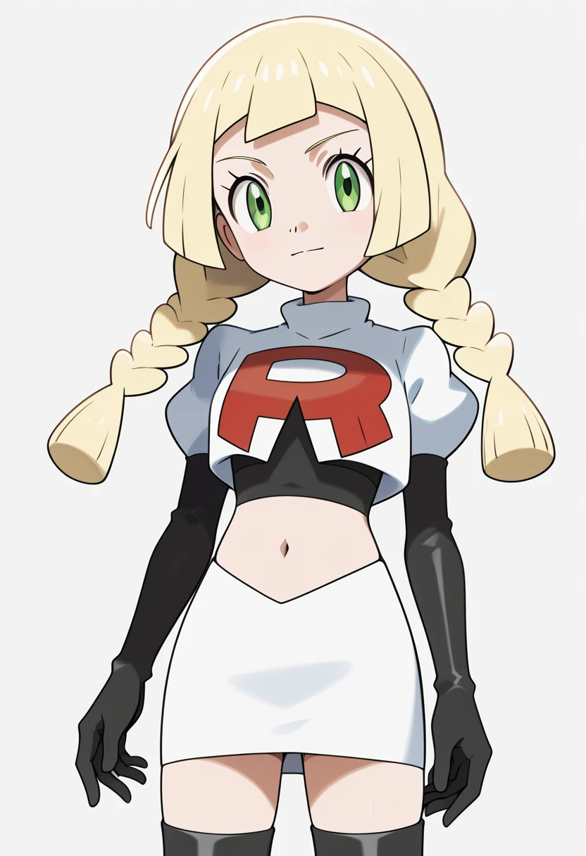 score_9, score_8_up, score_7_up, score_6_up, score_5_up, score_4_up, source_anime, aalillie, long hair, blonde hair, twin braids, green eyes, small breasts, cowboy shot,  team rocket,team rocket uniform,white skirt,red letter R,crop top,black thigh-highs,black elbow gloves, cowboy shot,