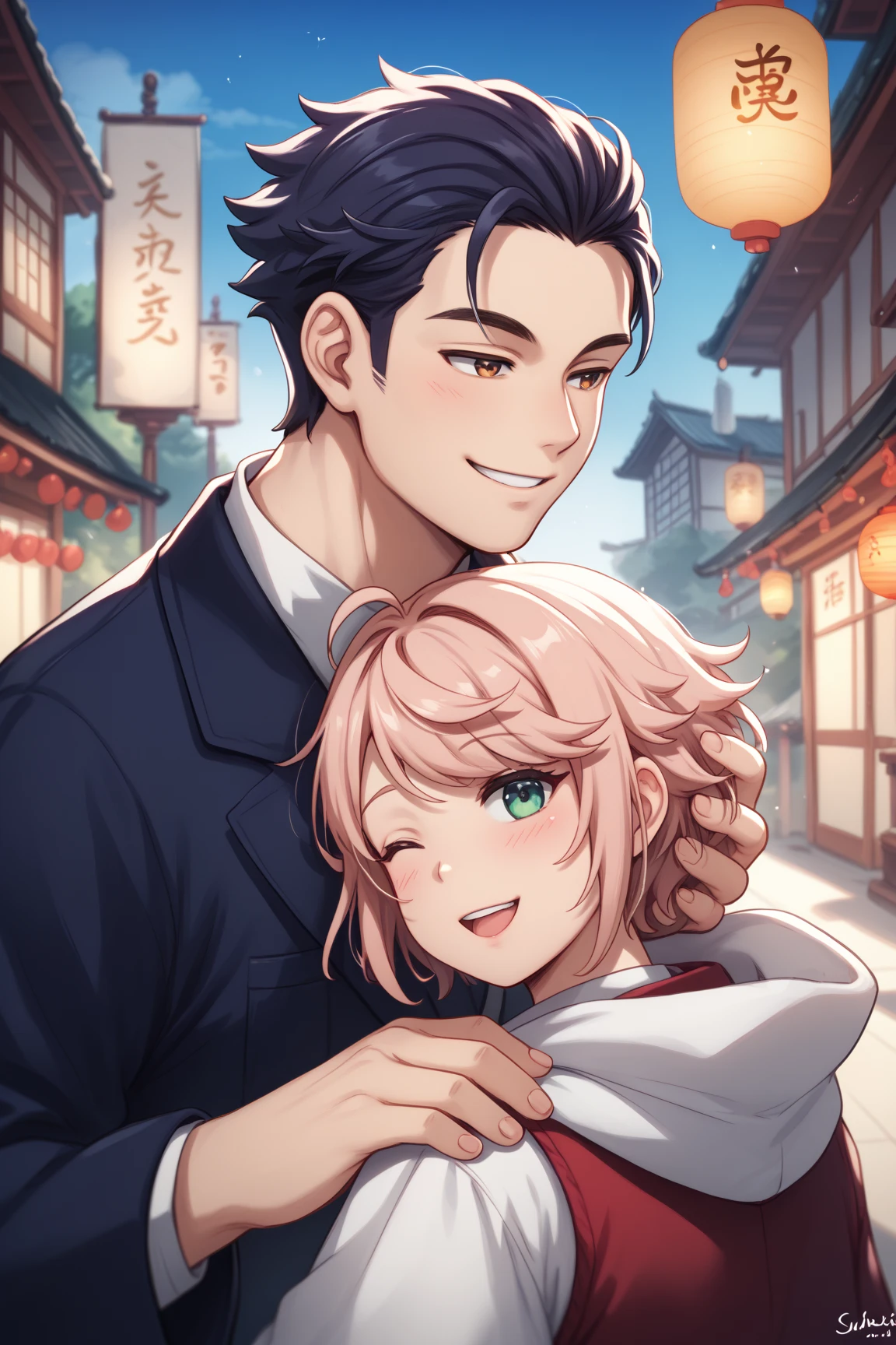 An illustration capturing a tender moment between a 30-year-old man, Ryosuke, and a 25-year-old woman, Natsuki, in a quiet corner of a bustling city. Ryosuke, with a gentle smile, is softly speaking to Natsuki, who looks at him with gratitude. The scene is bathed in warm, soft lighting, emphasizing the calm and heartfelt atmosphere. The background subtly hints at the city's presence, but the focus remains on the emotional connection between the two characters. Their expressions convey a sense of relief and appreciation, creating a serene and touching visual narrative.