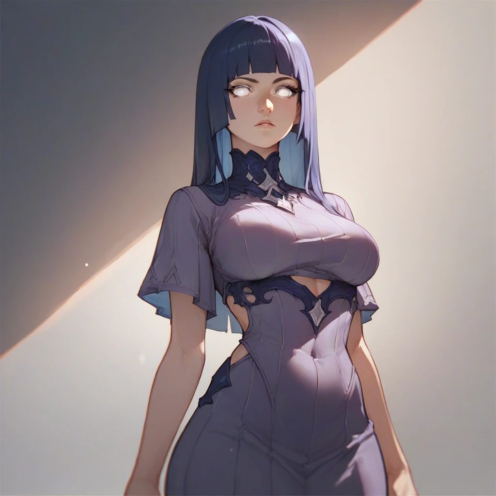 A girl with a a dark blue hime cut hairstyle, white eyes, large breasts, slender and curvaceous body, wearing a purple long-sleeved dress