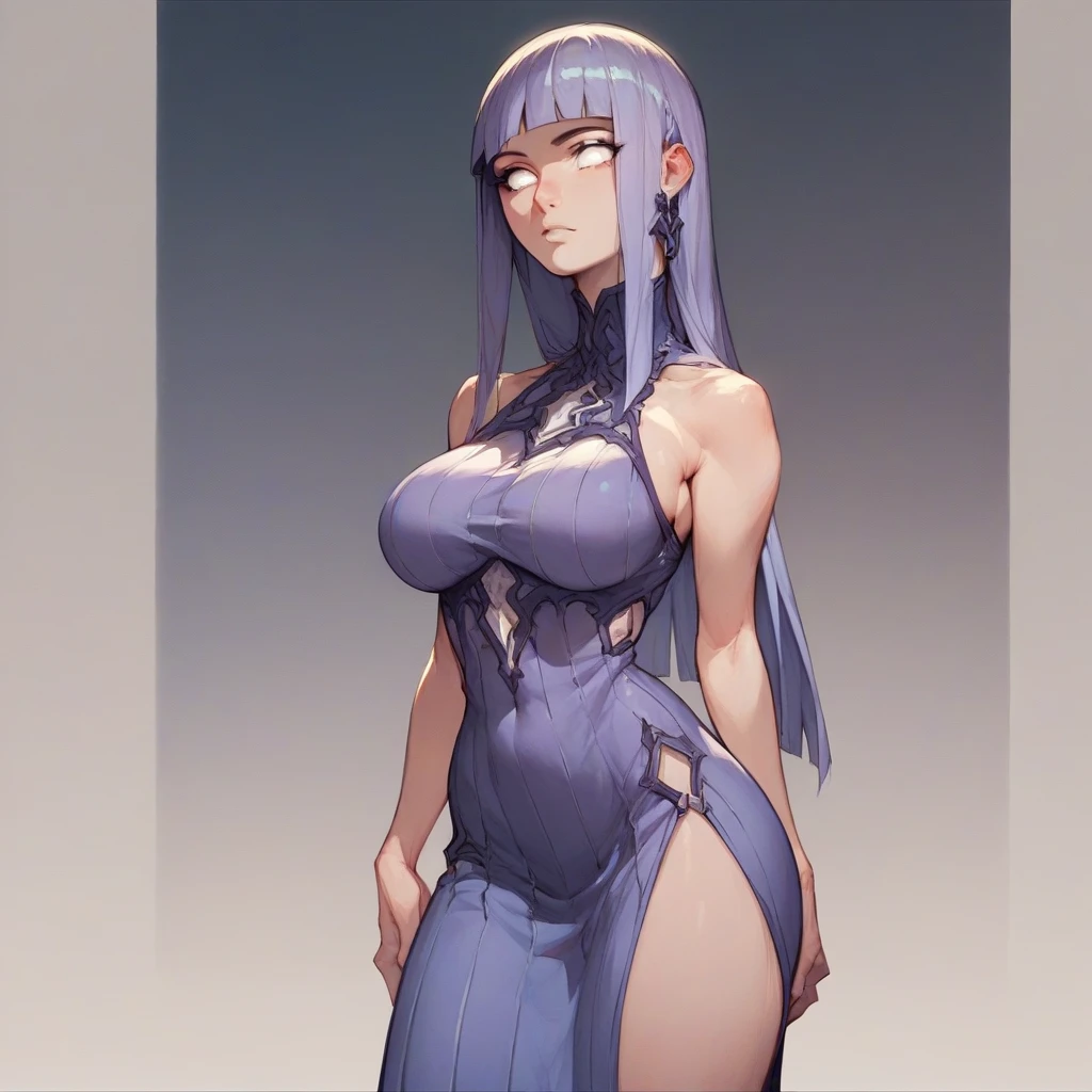 A girl with a a dark blue hime cut hairstyle, white eyes, large breasts, slender and curvaceous body, wearing a purple long-sleeved dress