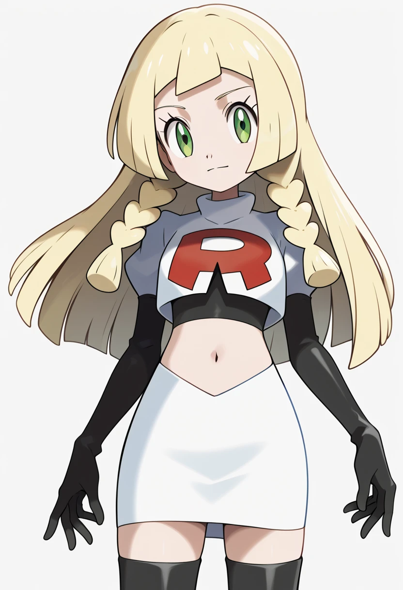 score_9, score_8_up, score_7_up, score_6_up, score_5_up, score_4_up, source_anime, aalillie, long hair, blonde hair, twin braids, green eyes, small breasts, cowboy shot,  team rocket,team rocket uniform,white skirt,red letter R,crop top,black thigh-highs,black elbow gloves, cowboy shot,