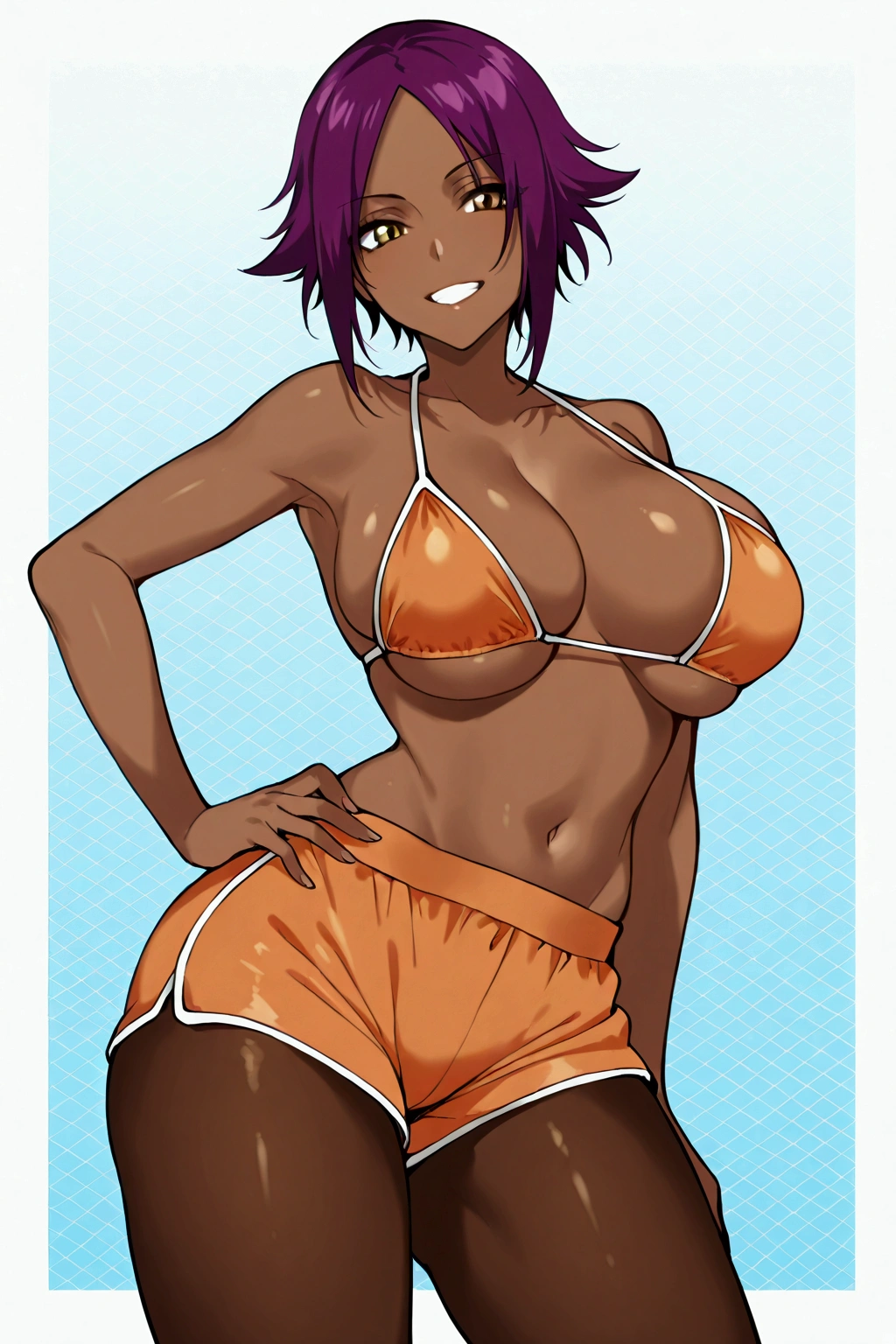 Solo,girl,yoruichi shihouin from Bleach, Orange bikini,yoruichi shorts hair, brown skin,purple hair,Big breast, perfect hips, perfect butt, femenine pose,fit body, perfect tights, sea background, hand on hips, smile, grin,score 9, másterpiece,perfect scene, femenine, Open mouth, teeth, high Quality, hd,femenine body