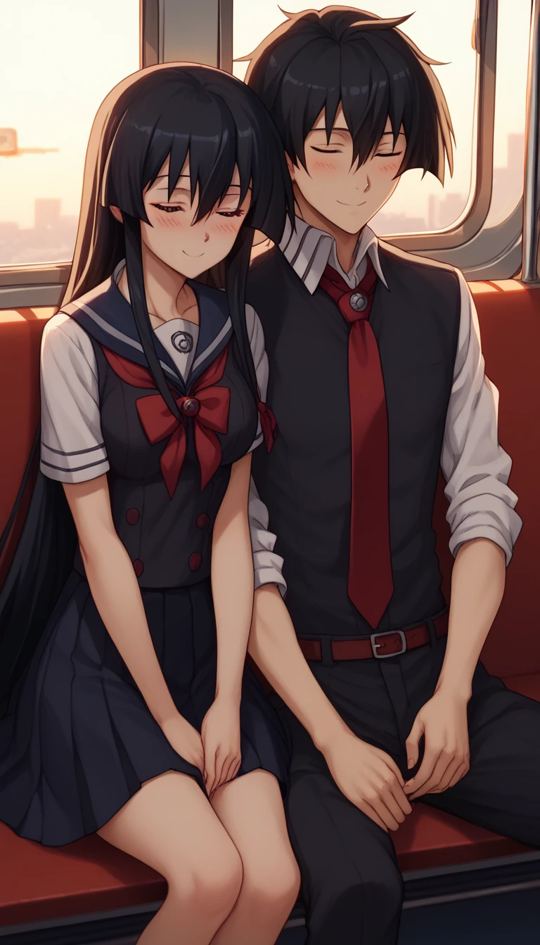 leaning on person side-by-side, sitting, hetero, sleeping, couple, train interior, leaning on person,1girl, akame, long hair, black hair, red eyes, hair between eyes,school uniform, wearing a navy blue sailor uniform with a red ribbon, smile, blush, closed eyes