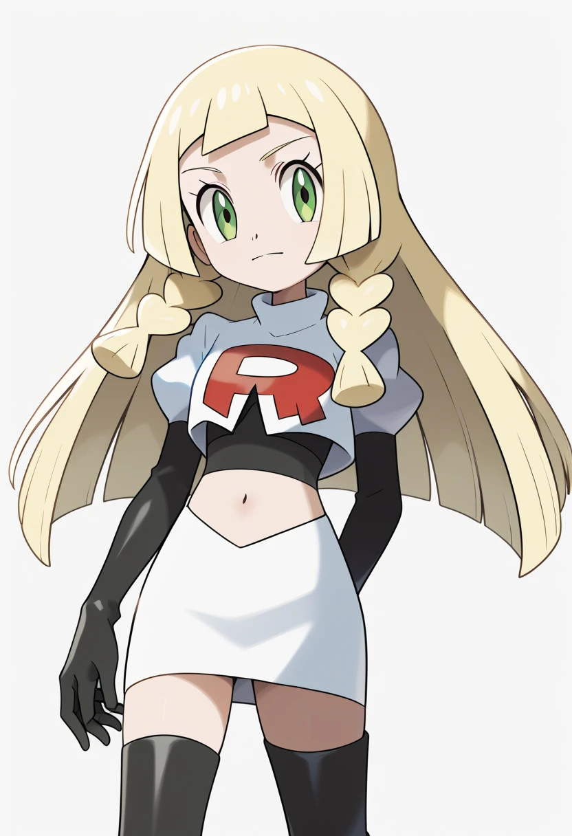 score_9, score_8_up, score_7_up, score_6_up, score_5_up, score_4_up, source_anime, aalillie, long hair, blonde hair, twin braids, green eyes, small breasts, cowboy shot,  team rocket,team rocket uniform,white skirt,red letter R,crop top,black thigh-highs,black elbow gloves, cowboy shot,