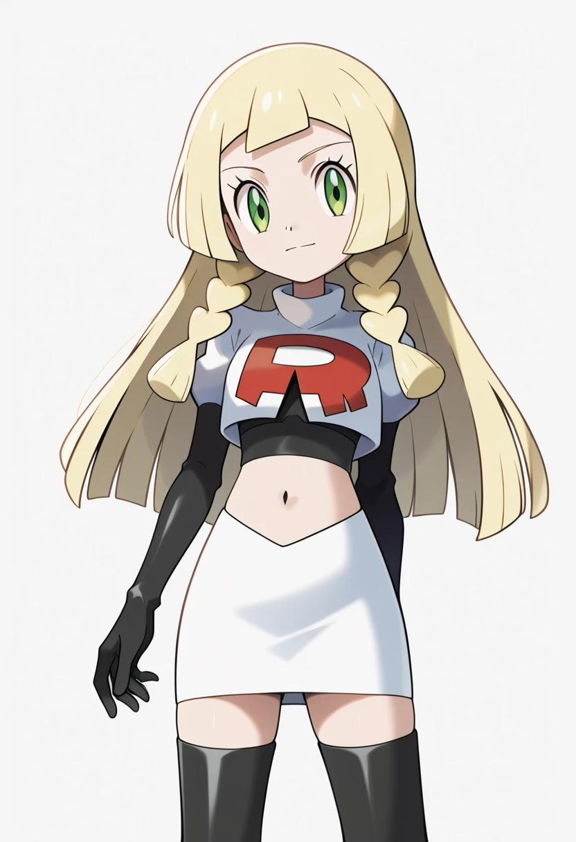 score_9, score_8_up, score_7_up, score_6_up, score_5_up, score_4_up, source_anime, aalillie, long hair, blonde hair, twin braids, green eyes, small breasts, cowboy shot,  team rocket,team rocket uniform,white skirt,red letter R,crop top,black thigh-highs,black elbow gloves, cowboy shot,