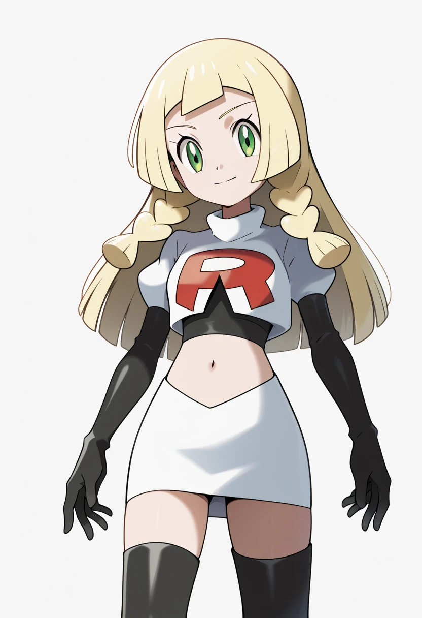 score_9, score_8_up, score_7_up, score_6_up, score_5_up, score_4_up, source_anime, aalillie, long hair, blonde hair, twin braids, green eyes, small breasts, cowboy shot,  team rocket,team rocket uniform,white skirt,red letter R,crop top,black thigh-highs,black elbow gloves, cowboy shot,