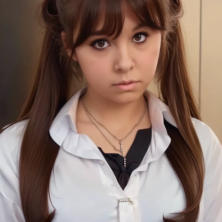 1 girl, fat, long hair, looking at viewer, brown hair, closed mouth, necklace, black eyes, lips, shirt, long sleeves, two pigtails, school uniform, white shirt, tie, collared shirt, parody, red tie, realistic