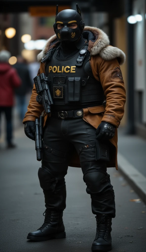 一個肌肉發達的成年男性的Full body image。Men's Clothing Tactical Equipment Police Tactical Unit，PTU 黑色皮革Full body image、 mask and mask . Wearing a fur coat ， Leggings Leather suitable for covering the whole body 。  smooth leather 。   Dark Atmosphere 。 Low Light。  Faint light casts dramatic shadows 。  Strange otherworldly atmosphere 。  Another world city 。 Full body image。。 full-body photo 。 fantasy