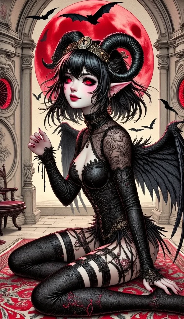 (Ultra-detailed face, Looking away, Fantasy Illustration with Gothic. Dark tone colors.), BREAK (Great hall of Dracula's castle in Transylvania with the red moon rising. Bats flit about. A young succubus lies in a daring pose on an opulent carpet on the floor of the hall. Her glossy hair is combed with her fingertips, and she smiles sexily.), BREAK (The succubus of the army of the abyss has jet black hair and eyebrows, blunt bangs, messy hair to the ground, red glowing eyes with yellow stars, small pink lips, pale skin, and dark, thick eyeliner.), BREAK (The Succubus of the Army of the Abyss wears a tiara with a skull motif and a black leather chukar. She wears a high-leg bodysuit of lace fabric made of raven feathers and embroidered with red thread, and stocking boots with braided red laces. On her back she has a pair of large raven-like wings.)