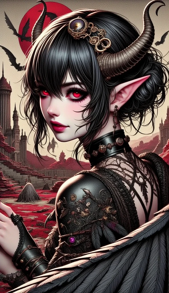 (Ultra-detailed face, Looking away, Fantasy Illustration with Gothic. Dark tone colors.), BREAK (Great hall of Dracula's castle in Transylvania with the red moon rising. Bats flit about. A young succubus lies in a daring pose on an opulent carpet on the floor of the hall. Her glossy hair is combed with her fingertips, and she smiles sexily.), BREAK (The succubus of the army of the abyss has jet black hair and eyebrows, blunt bangs, messy hair to the ground, red glowing eyes with yellow stars, small pink lips, pale skin, and dark, thick eyeliner.), BREAK (The Succubus of the Army of the Abyss wears a tiara with a skull motif and a black leather chukar. She wears a high-leg bodysuit of lace fabric made of raven feathers and embroidered with red thread, and stocking boots with braided red laces. On her back she has a pair of large raven-like wings.)