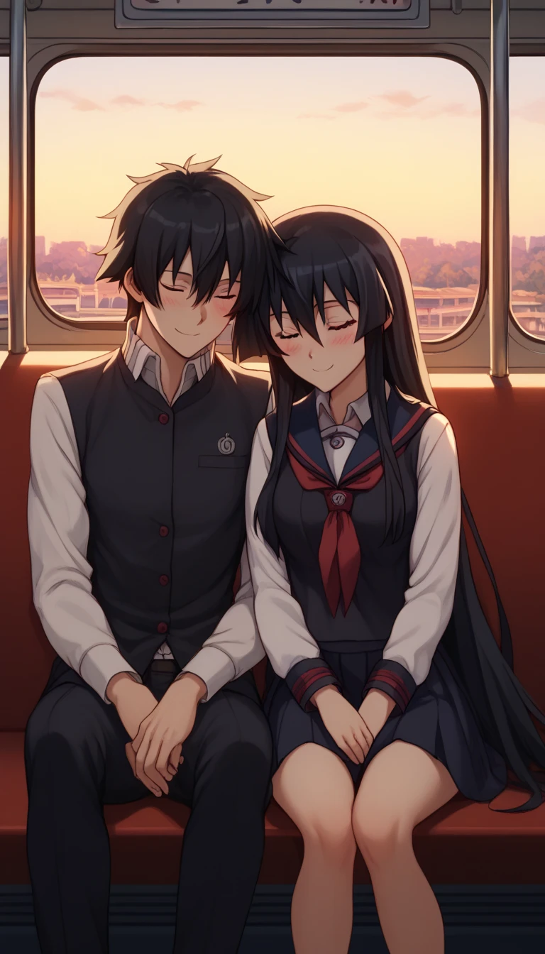 leaning on person side-by-side, sitting, hetero, sleeping, couple, train interior, leaning on person,1girl, akame, long hair, black hair, red eyes, hair between eyes,school uniform, wearing a navy blue sailor uniform with a red ribbon, smile, blush, closed eyes